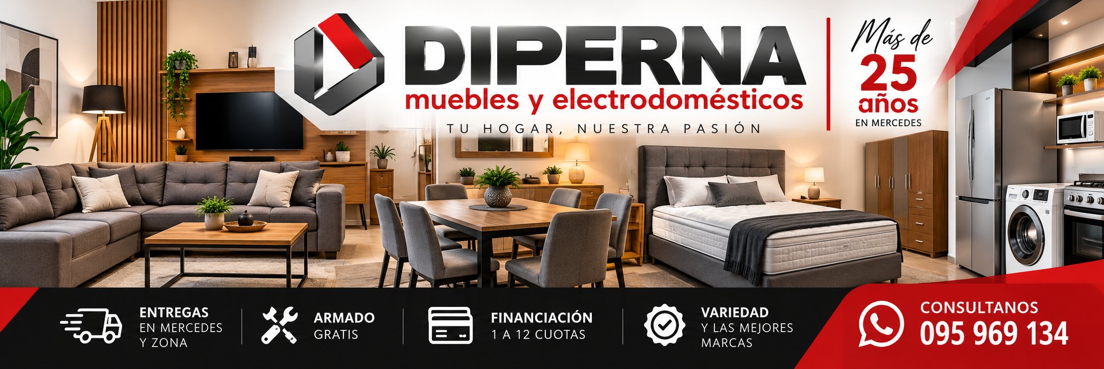 Ambiente decorativo con muebles, comedor, dormitorio y electrodomésticos de Mueblería Di Perna
