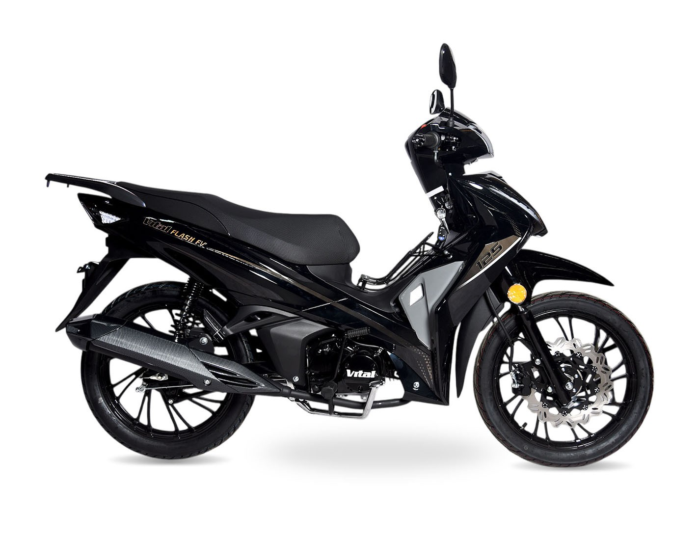 Moto Vital Flash 125 negra, vista lateral completa